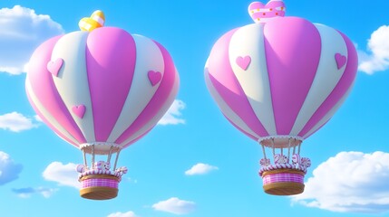 3D Hot Air Balloon Filled with Hearts, Candy, and Chocolate for Valentine's Day. This high-quality, realistic image showcases a 3D hot air balloon designed with a Valentine's Day theme.