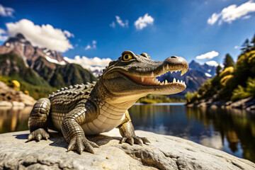 Alligator with Open Mouth on a Rocky Shoreline in a Mountainous Landscape