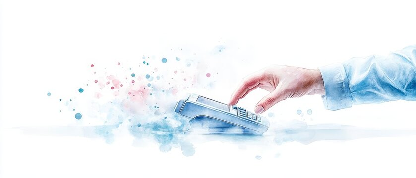 A closeup of a hand scanning a payment terminal with a digital wallet, showcasing the ease of luxury transactions in a digital economy