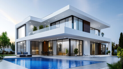 Fototapeta premium A white modern luxury villa with an outdoor swimming pool, large glass walls, and sleek architecture surrounded by greenery.