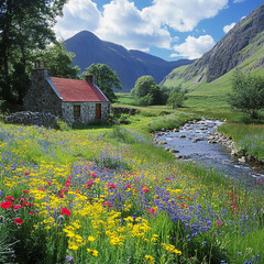 Fototapeta premium A small red house sits in a field of wildflowers next to a river. The scene is peaceful and serene, with the house blending in with the natural surroundings