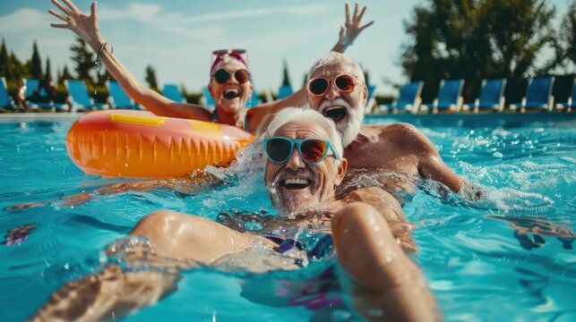 Cheerful seniors enjoy a fun day at the pool with friends, jumping, swimming, and lounging on floats. Elderly friends are spending a hot day by the swimming pool, having a great time.


