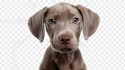Happy brown Weimaraner puppy playing and posing on a white background, showing a playful and cheerful expression in a headshot.

