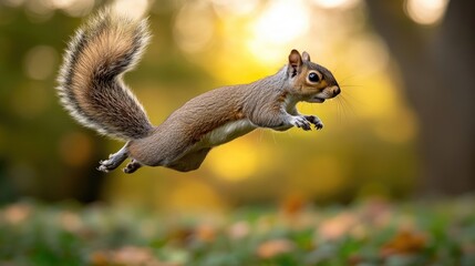 Fototapeta premium A Gray Squirrel Leaping Through the Air