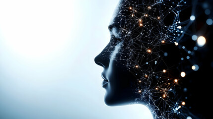 Obraz premium Abstract Digital Human Profile with Glowing Network Lines and Connecting Dots for Concept of Technology, Digital World, and Human Connection