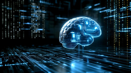 Fototapeta premium Digital Brain Hologram Floating Above a Circuit Board Background with Binary Code in the Background Abstract Animation