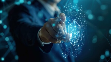 A businessman points at a cybersecurity icon while interacting with a technological business data network, focusing on data protection, threat detection, and risk management.

