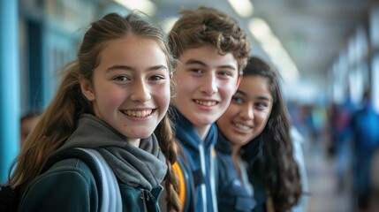 Three Smiling Teenagers in a School Hallway