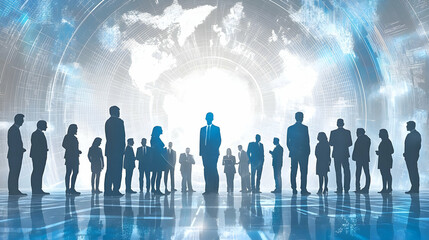 Silhouettes of Business Professionals Standing Together in Front of a World Map Background with Digital Elements