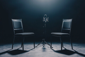 Obraz premium Two empty chairs facing each other with a microphone in between, suggesting a setting for an interview or conversation.
