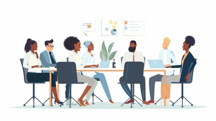 A diverse group of business professionals sitting around a table in an office, happily discussing and collaborating during a team meeting.