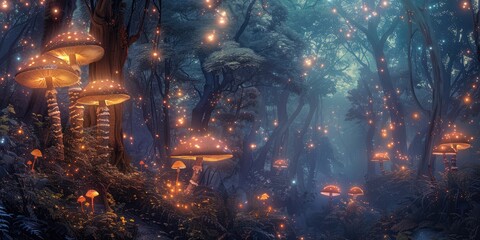 Enchanting bioluminescent mushrooms illuminate a serene forest at dusk, casting a magical glow over the lush greenery and creating a fairy-tale atmosphere