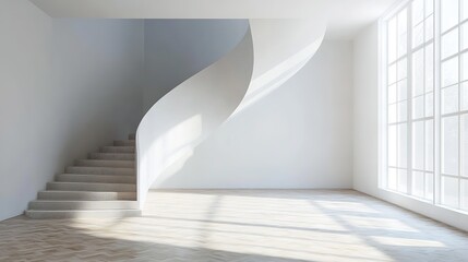 Obraz premium Empty Residential Room Featuring a Spiral Staircase in Scandinavian Interior Design. This 3D illustration presents a vacant room characterized by minimalist Scandinavian design elements.