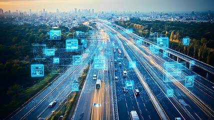 Obraz premium Aerial View of a City Highway with Connected Cars and Digital Interfaces
