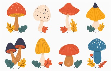 Colorful autumn mushrooms and leaves beautifully arranged in a whimsical illustration highlighting nature's charm and the vibrant hues of the season
