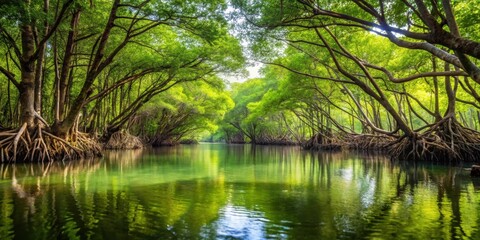 Lush mangrove roots in a dense forest , nature, trees, roots, mangroves, tropical, wetlands, ecosystem, coastal, growth