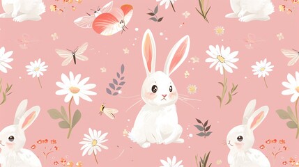 128. High-resolution seamless pattern showcasing cute rabbits, dragonflies, and daisy flowers on a pink background, perfect for creating playful and delightful designs for children's products