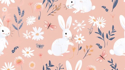 129. Artistic seamless pattern featuring rabbit cartoons, dragonflies, and daisy flowers on a pastel pink background, ideal for creating whimsical and cute designs for various uses
