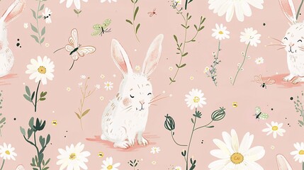 129. Artistic seamless pattern featuring rabbit cartoons, dragonflies, and daisy flowers on a pastel pink background, ideal for creating whimsical and cute designs for various uses