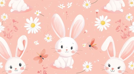 130. Beautifully crafted seamless pattern with bunny cartoons, dragonflies, and daisy flowers on a pink background, perfect for adding a touch of cuteness to kids' designs and products