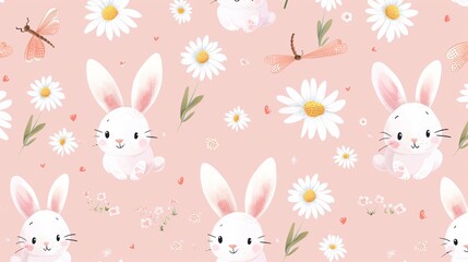 130. Beautifully crafted seamless pattern with bunny cartoons, dragonflies, and daisy flowers on a pink background, perfect for adding a touch of cuteness to kids' designs and products