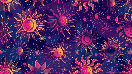 133. High-resolution seamless pattern with an array of colorful sun illustrations, capturing the beauty of sunset and sunrise, perfect for creating dynamic and eye-catching designs