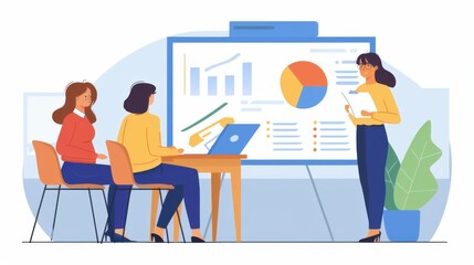 A female business coach leading a workshop in a creative office environment. She writes on a whiteboard while training interactive employees on effective team management