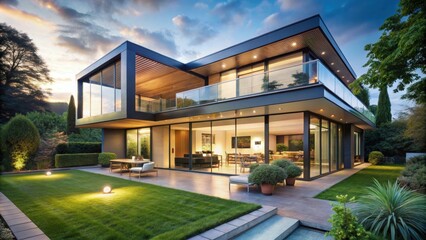 Fototapeta premium A stunning modern house with floor-to-ceiling windows overlooking a lush garden, architecture, home, residence
