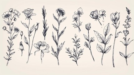 146. Vector collection of wild flowers, featuring detailed hand-drawn illustrations of floral elements, leaves, and herbs, perfect for decor, website graphics, and botanical designs