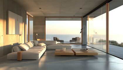 Naklejka premium Modern Living Room with Ocean View and Sectional Sofa