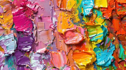Abstract multicolored oil painting with rough brushstrokes and texture. Closeup of canvas art with rich details and palette knife strokes.

