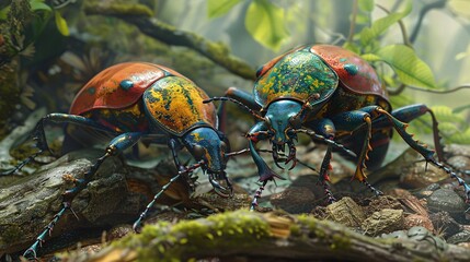 Fototapeta premium 5. Artistic rendering of Carabus bessarabicus beetles interacting on a forest floor, displaying vivid colors and intricate details in a naturalistic setting
