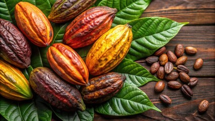 Fototapeta premium Close up of cocoa pods with cocoa leaf, cacao, pod, beans, agriculture, chocolate, tropical, farm, plantation, organic, harvest, green