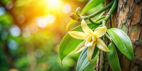 Vanilla flower blooming on tree with green leaves , vanilla, flower, tree, nature, blooming, fragrant, tropical, botanical, beauty