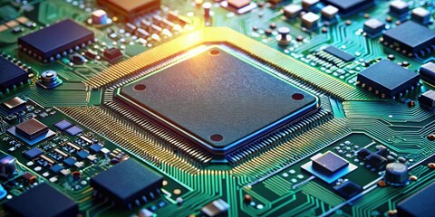 Obraz premium Electronic circuit board in a CPU processor, futuristic technology, close-up, hardware, technology, CPU