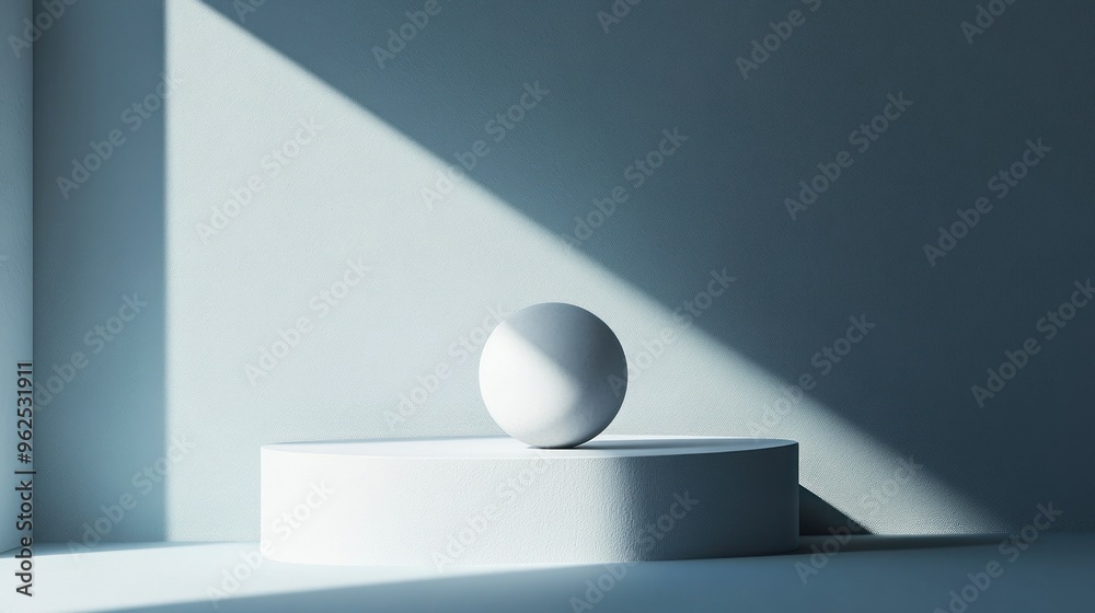 Wall mural White Sphere on a Cylinder Platform in a Light-Filled Room