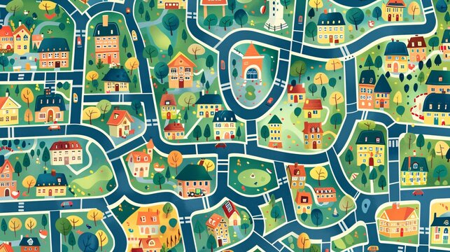 20. Colorful and fun city map illustration, showcasing a seamless pattern of cartoon town elements such as houses, roads, and playgrounds, creating an engaging and lively background