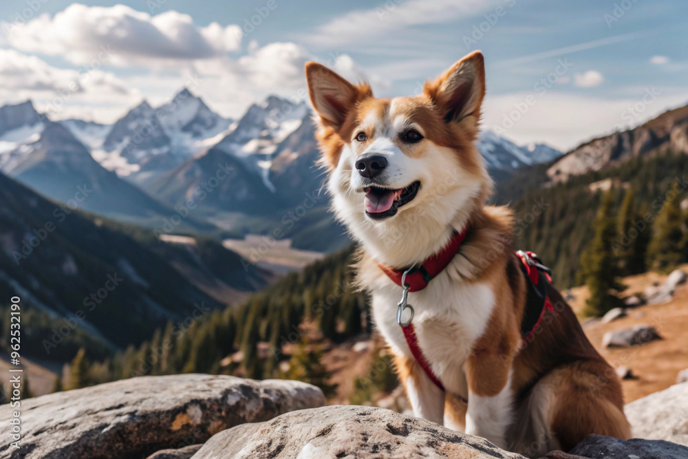 Wall mural smiling dog on a mountain peak with a view of the valley