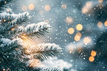 Christmas picture background with fir branches snow and fairy lights. stock photo Atmospheric image background with fir branches snow and fairy lights in different depths of field with generative ai