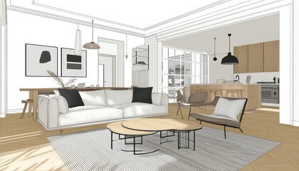 Fototapeta premium Living Room Interior Design with Sketchy Detailing