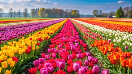 Fototapeta premium Vibrant tulip field in full bloom with rows of colorful flowers , flowers, tulips, spring, bloom, vibrant, nature, beauty