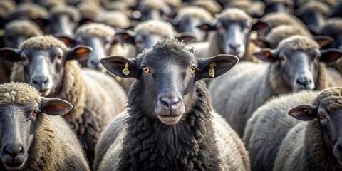 Obraz premium Black sheep standing out from the crowd, outcast, unique, different, standing out, individuality, nonconformist