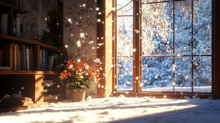 Snowflakes Falling Through a Window Into a Cozy Room