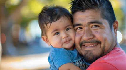 Fototapeta premium A smiling Latino father and his baby boy enjoying a joyful moment together, close-up portrait of the father holding his beloved child, celebrating family and happiness with space for text.