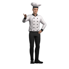 Illustration of Male Culinary Professional. A male chef stands with his right hand raised up with the palm facing his face while his left hand is on his waist. 3D Chef