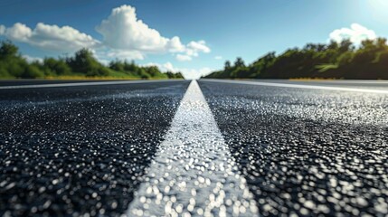 A Close-Up View of a Wet Road with a White Line in the Center