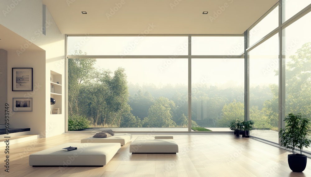 Poster Minimalist Living Room with Large Windows and Forest View