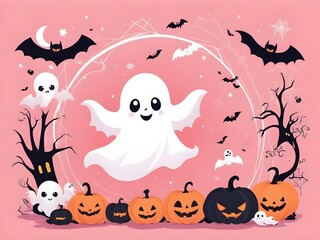 abstract Pastel happy Halloween background with cute ghost, pumpkin, spider and bats. Pastel color design on pink background