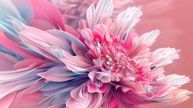 54. Artistic digital piece with a 3D extrusion effect in multiple shades of pink, presenting a vivid and abstract floral burst that adds a touch of modern sophistication