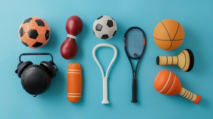 Top View: Set of Sports Equipment Against a Blue Background